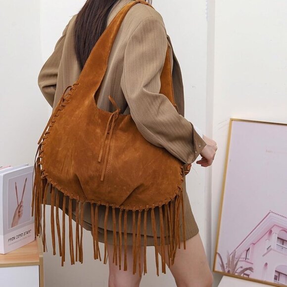 Women Vintage Suede Fringe Hobo Bag Tote Shoulder Crossbody Hippie Purse - Picture 4 of 7